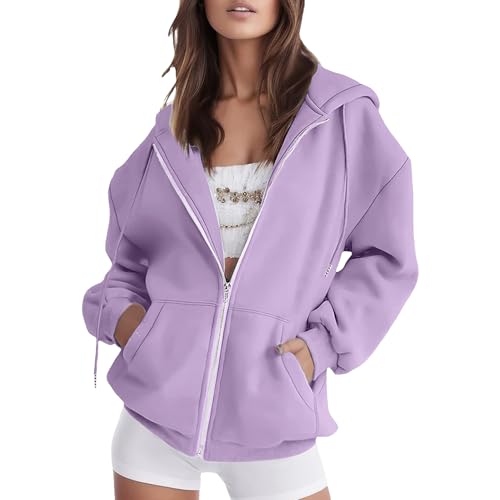 amropi Sudadera de Mujer Deportiva Chaqueta con Capucha y Cremallera Casual Hoodie Abrigo Morado Claro,XL