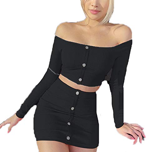 Mujeres 2 Piezas Trajes - Crop Tops y Falda Conjunto Moda Manga Larga Casual Blusa Corta + Mini Falda Corta Bodycon Conjuntos