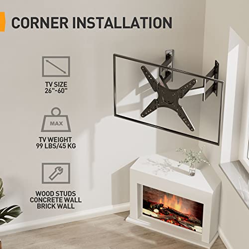 Perlegear Corner Tv Wall Mount For 26-60 Inch Tvs, Full Motion Corner Tv Mount With Articulating Double Arms Swivel Tilt Extension, Corner Mount Tv Bracket Holds Up To 99 Lbs, Max Vesa 400X400, Pgcmf2 #TOP1