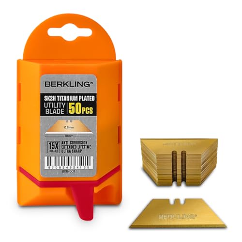 Berkling Utility Knife Blades Titanium Plated 50 PCS With Dispenser, SK2H Laser Sharpened Hardened, Ultra 3X Sharper and 15X More Durable, Standard T-Shape Replacement Box Cutter Razor Blades