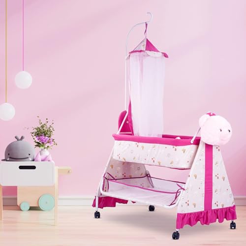 Image of BAYBEE CozyNest Baby Cradle and Swing Jhula for Newborn Babies with Removable Mosquito Net, Washable Fabric, Lockable Wheels & Safe Sleeping Bed Crib for Infants Up to 2 Years (Pink)