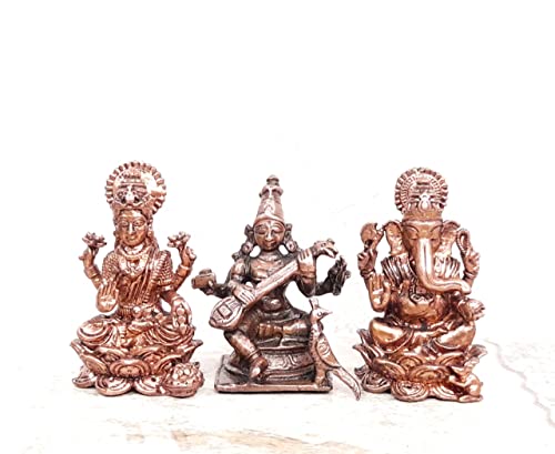 Image of Copper Idols of god Lakshmi, Saraswathi and Ganesh, 164 Grams, Patina Antique Finish, Pack of 1 Piece