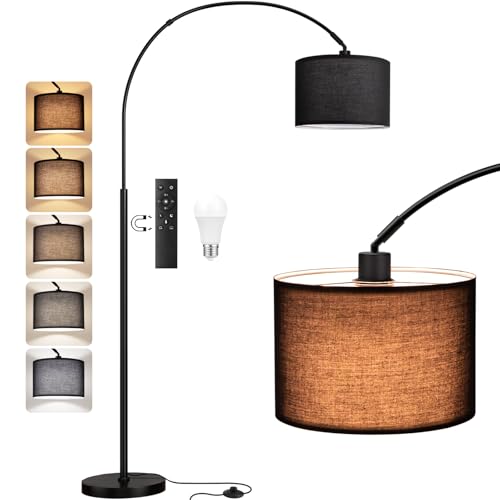 PreeOtti Lampada da Terra, LED E27 Lampada AD Arco con Telecomando e Interruttore a Pedale, 180cm Dimmerabile Piantana Lampada da Terra per Soggiorno, Camera, Hotel, Paralume Nero + Base Nero
