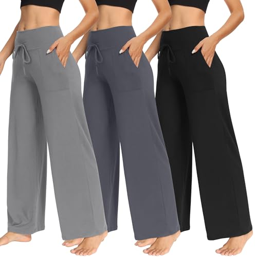 Image of TNNZEET 3 Pack Women's Wide Leg Pants with Pockets - Casual Loose Yoga Trouser Pants Sweatpants Palazzo Lounge Pajama Pants