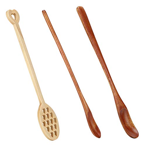 Wooden spoon set, Long Stirring Spoon Testing Spoon Slotted Spoon Mixing Spoon Coffee Spoon Tea Spoon Iced Tea Spoon Wooden Teaspoons for Honey, 3 Pcs