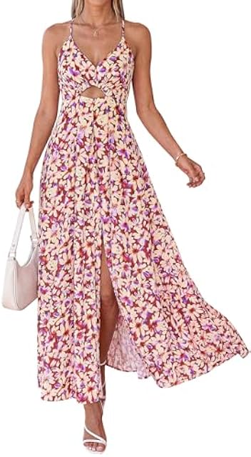 Summer Dresses for Women 2026 Spring Floral Spaghetti Strap Smocked Cutout Maxi Dress Resort Beach Vacation Outfit