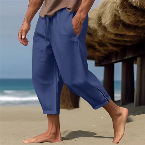 Linen Pants Men Plus Size Lightweight Cropped Elastic Waist Lounge Pants Summer Boho Beach Yoga Pants with Pockets2