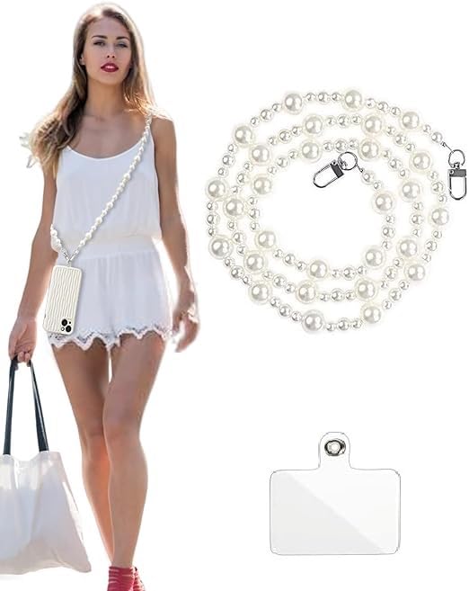 Image of KHOLAD White Bow Phone Chain Crossbody Pearl Strap | 2in1 Wrist & Shouler Crossbody Lanyard | Pearl Beads Charms Chain with Phone Tether Patches | Compatible with Most Phones, Bag, Purse