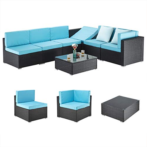 Pamapic 7 Pieces Patio Furniture,Outdoor Rattan Sectional Sofa Conversation Set with Tea Table and Washable Cushions, Blue… Pamapic 7 Pieces Patio Furniture,Outdoor Rattan Sectional Sofa Conversation Set with Tea Table and Washable Cushions, Blue…