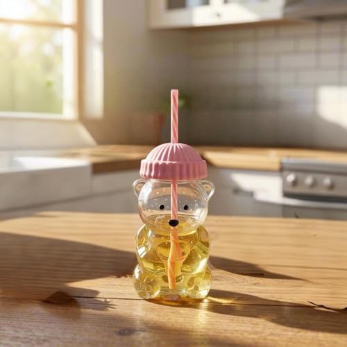 2025 New Bear Straw Cup 20oz Glass Bear Cup with Reusable Straw for Smoothies Boba & Iced Coffee (Pink)