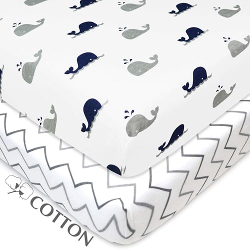 Image of American Baby Company 2 Pack 100% Natural Cotton Fitted Pack and Play Sheets 39 inch x 27 inch - Soft & Breathable Pack N Play Sheets for Playard & Mini Crib Mattress, Navy Whale /Grey Zigzag, for Boys & Girls