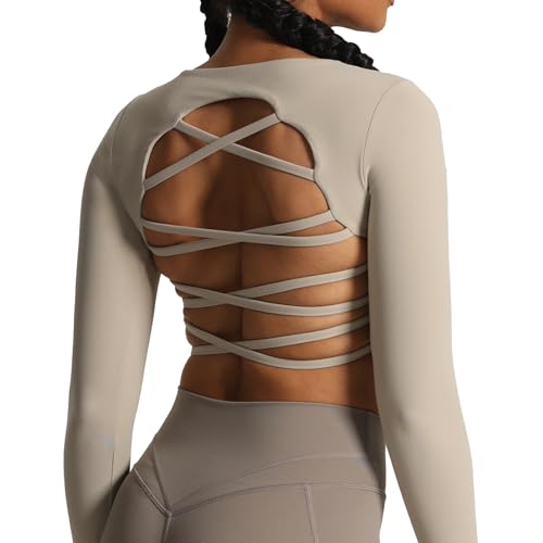 Aoxjox Long Sleeve Crop Tops for Women Front Cutout Lacey Workout...