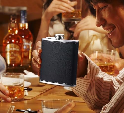 Image of GBEXHip Flask Gift Set with Black Leather Cover,8 Oz Leak Proof 18 /8 Stainless Steel Flask for Liquor with 2 Cups & Funnel, Flasks for Liquor for Men Gift Box