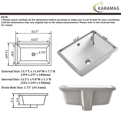 Karamag 15.7"X11.8" 16 Inch Undermount Bathroom Sink Small Rectangle Undermount Sink White Ceramic Under Counter Bathroom Sink thumb #4