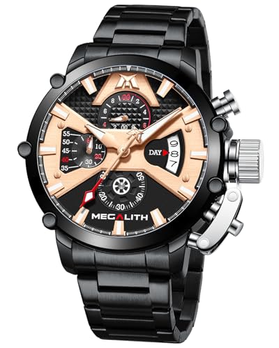 MEGALITH Armbanduhr Herren Chronograph Groß: Schwarz Edelstahl Uhren Herren mit Datum - Herrenuhr Wasserdicht Quarz MEGALITH Armbanduhr Herren Chronograph Groß: Schwarz Edelstahl Uhren Herren mit Datum - Herrenuhr Wasserdicht Quarz