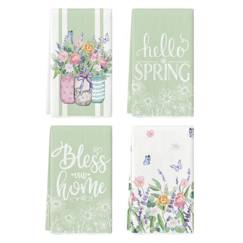 Artoid Mode Green Tulip Violets Flowers Spring Kitchen Towels Dish Towels, 18x26 Inch Farmhouse Decoration Hand Towels Set of 4