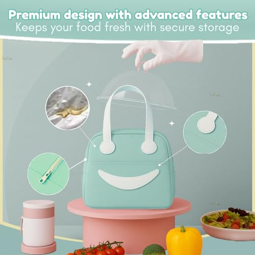 Image of Toy Imagine 6.5L Insulated Lunch Bag for Kids Office School Men Women Smiley Face Tiffin Bag Snack Tote Bag Compact Portable Leak Proof Tiffin Pouch Hot and Cold Lunch Box Bag for Boys & Girls(Green)