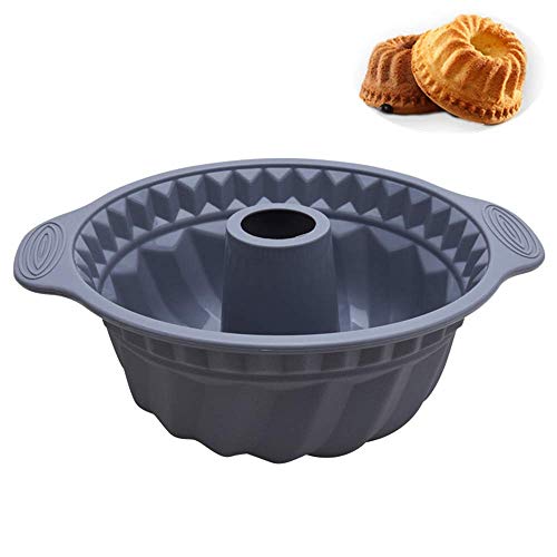 Grade Fluted Round Cake Pan,Silicone Baking Molds-Professional Non-Stick Pound Mold With handle,9 Inches Tube Bakeware Gray (Gray)