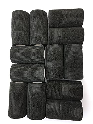 Wildcow 4" Black Vet Wrap Tape Bulk, 12 Pack Cohesive Bandage Wrap, Self Adherent Grip Rolls #TOP2