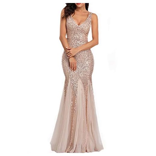Generies Womens Glitter Evening Prom Dress Sleeveless Tutu Sexy V-Neck Long Dresses Ladies Floor Length Party Formal Cocktail Gowns Rose Gold/Blush 02 L