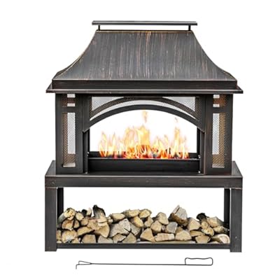39" Fire Pits with Wood Storage for Outside, Large Wood Burning Outdoor Fireplace with Chimney, Mesh Spark Screen & Fire Poker, Idea for Backyard, Patio, Party, Camping, Picnic