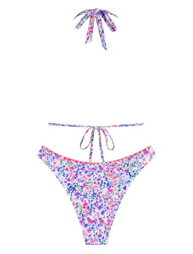 Image of ZAFUL Women Halter Dual Straps Whip Stitch Floral Triangle Bikini Swimsuits