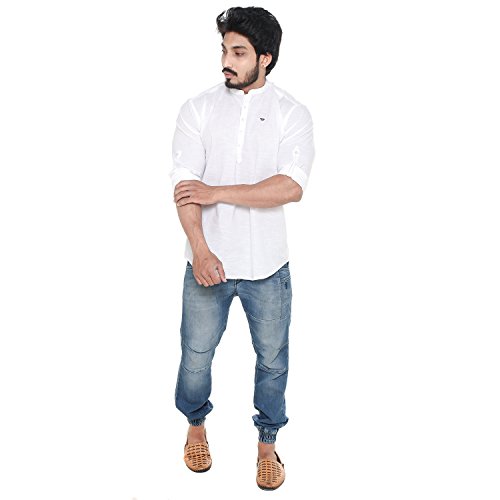 Image of Men's Linen Chinese Collar Full Sleeve Plus Size Short Kurta