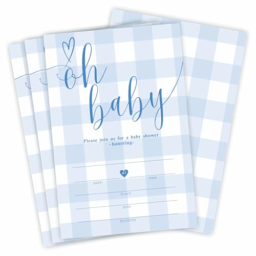 WeMaison 25 Baby Shower Invitation Cards With Envelopes, Oh Baby Colorful Plaid Flannel Theme Fill In Style Invitation Set For Announcement, Gender Reveal Party Favor & Decorations (Blue) - D07