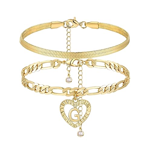 Image of YANODA Gold Ankle Bracelets for Women Waterproof, 14k Gold Plated Layered Snake Anklets Figaro Chain Letter Initial Anklets Handmade Heart Ankle Bracelets Personalized for Women Beach Jewelry Gifts