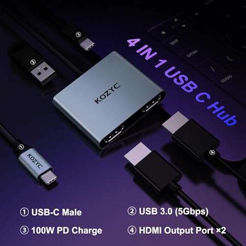 Image of KOZYC USB-C to Dual HDMI Adapter, 4K@30Hz, USB 3.0, 100W PD, Supports USB-C to HDMI Splitter, Macbook Pro Compatible