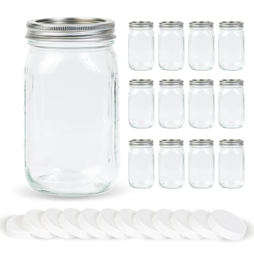 Yodecy 12 Pack 32 oz Clear Wide Mouth Mason Jars with Airtight Lids and White Plastic Mason Jar Lids, Canning Jars, Glass Jars for Canning, Food Storage, Overnight Oats, Fermenting, Pickling