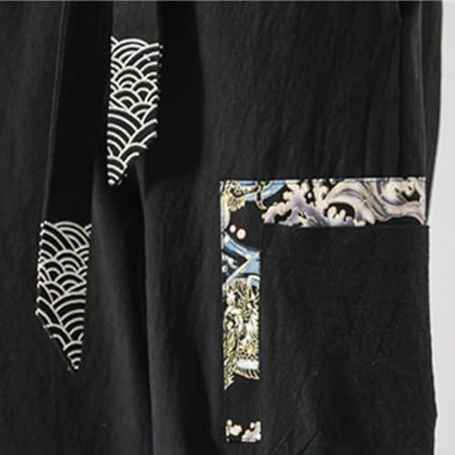 Men's Vintage Embroidered Harem Pants Cotton Linen Elastic Waist Drawstring Trousers Chinese Style Casual Pants3