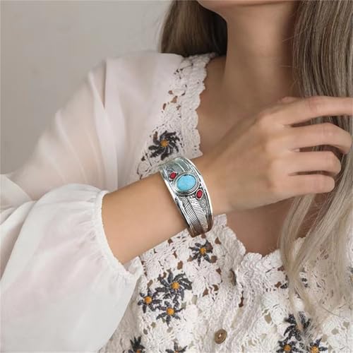 Bohemian Turquoise Cuff Bracelet for Women,Vintage Chunky Adjustable Turquoise Stone Cuff Bangle Simple Cowgirl Bangle Bracelets Minimalist Western Jewelry2