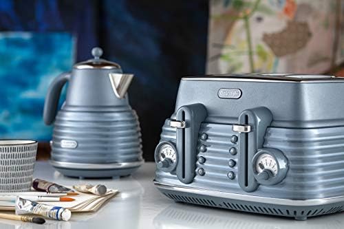 De'Longhi Scolpito 4 slot toaster, reheat, defrost, one-side bagel & 6 browning settings, Stainless steel, CTZS4003.AZ, Mineral Blue