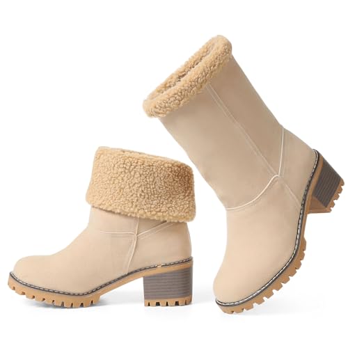 VIMISAOI Winter Boots for Women, Comfortable Slip On Mid Chunky Heel Suede Warm Snow Ankle Boots Outdoor Shoes