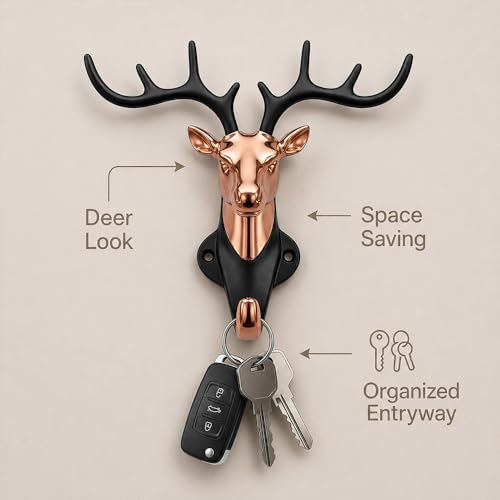 Image of Deer Head Wall Key Holder, Zinc Alloy Hanging Hooks, PVD Rose Gold Black Finish, Entryway Organiser, Home Decor, Pack of 1-| 3 Years Warranty |