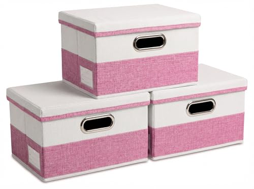 Image of PRANDOM Storage Bins with Lids [3-Pack] Linen Fabric Foldable Storage Boxes Organizer Containers Baskets Cube with Cover for Bedroom Closet Office Pink&White（11.4X8.6X6.7