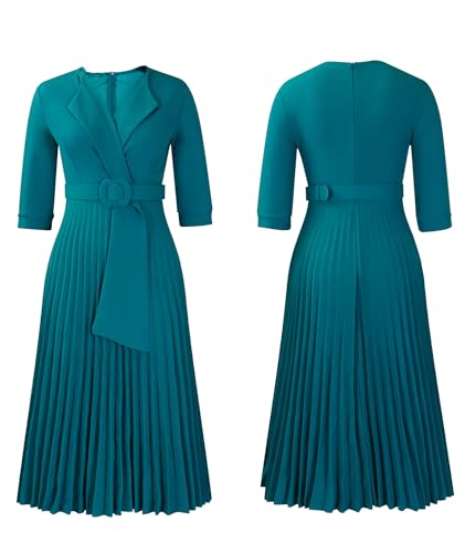 Image of SOMTHRON Women's Elegant 3 /4 Sleeve Blazer Dress V Neck Lapel Pleated Business Work Swing Midi Dress with Belt