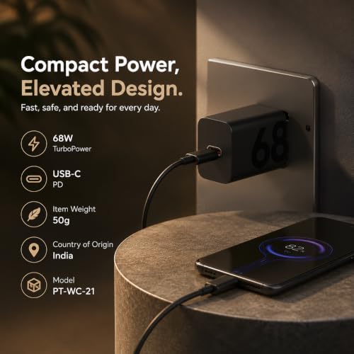 Image of 68W TurboPower Fast Charger Adapter | with Type-C to Type-C Cable | PD Charger Compatible with Moto Edge 40, Edge 30, G84, G73, Pro Smartphones, Tablets & More USB-C Devices By AILKIN