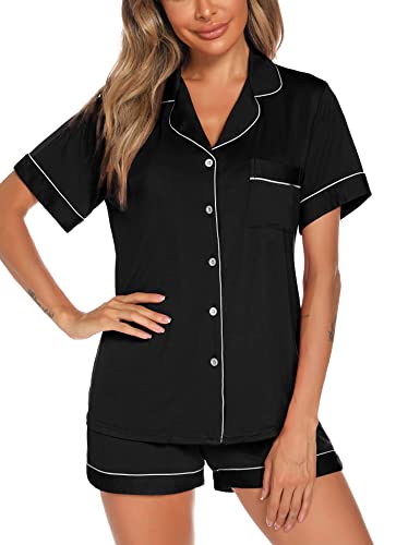 Image of Aamikast Button Up Pajama Set for Women Shorts Short Sleeve Knit Sleepwear 2 Pice Pjs Sets