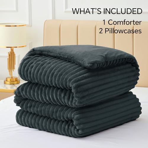 BEDELITE Fleece King Comforter Set -Super Soft & Warm Fluffy Dark Grey Bedding, Luxury Fuzzy Heavy Bed Set for Winter with 2 Pillow Cases