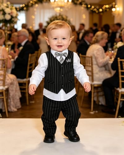 Image of Baby Boy Suits Formal Stripe Gentleman Tuxedo Suit Set Complete Dress Clothes Toddler Wedding Ring Bearer Outfit