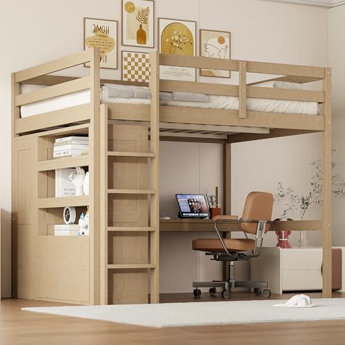 BEDGJH Loft Bed Full Size with Built-in Wardrobe, Desk, Storage Shelves and Drawers, Solid Wood Loft Bed Frame for Kids Teens Adults (Walnut)