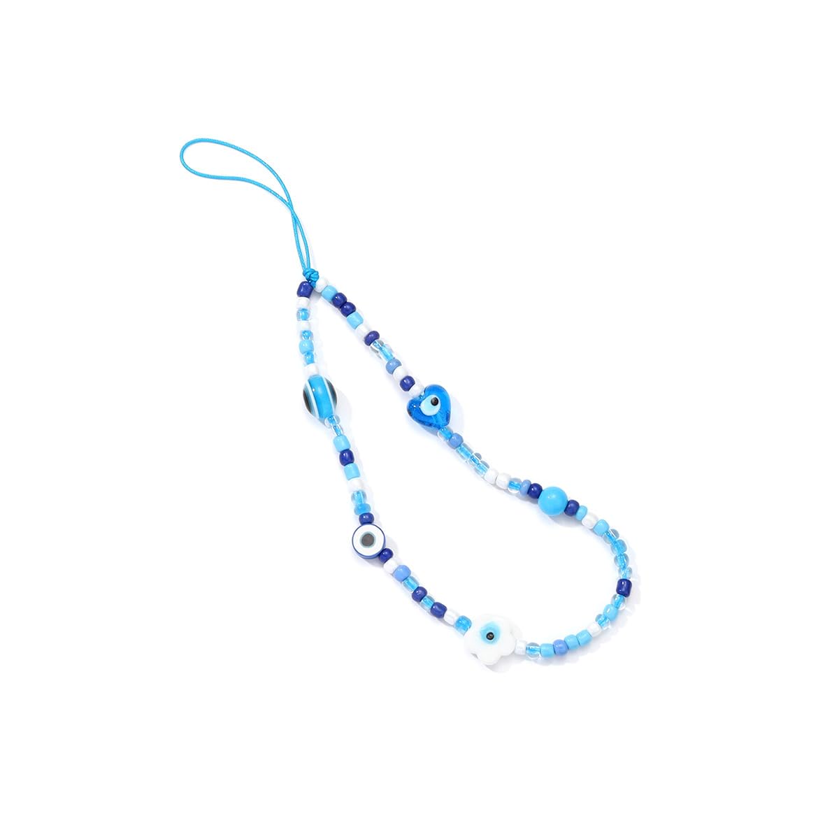 COLORFUL BLING Beaded Evil Eye Pearl Natural Stone Phone Charm Lanyard Wristband Cute Flower Charm Anti-loss Chain Aesthetic Accessories Love Lucky Protection Gift-B blue heart