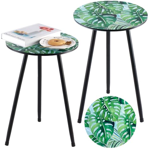 Metal Outdoor Side Tables Set of Two Small Outside Round End Table for Patio Modern Accent Garden Corner Table for Small Spaces, Balcony, Porch, Weather-Resistant, Plant Stand Indoor, Green Leaves