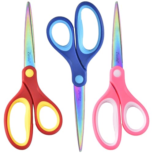 Zicolu 7 Student Scissors for Middle High School Crafting Sharp Titanium Coating Blades with Pointed Tip Comfort Right/Left-handed Big Kids Scissors Ages 8-10/8-12 Assorted Color 3 Pack
