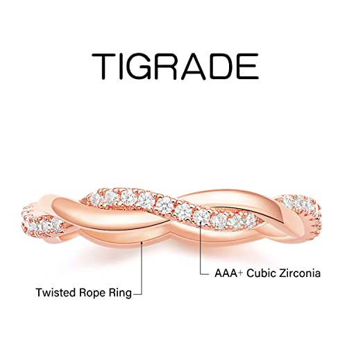 TIGRADE Women Eternity Ring Twisted Rope Cubic Zirconia Engagement Wedding Band Size 4-12, Rose Gold, Size 122
