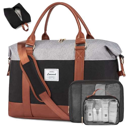 Image of LOVEVOOK Travel Duffle Bag Women,Weekender Bag with Clear Toiletry Bag, Carry on Overnight Bag with Shoe Bag,Hospital Bags for Labor Delivery with Packing Cube, Black -Brown -Grey