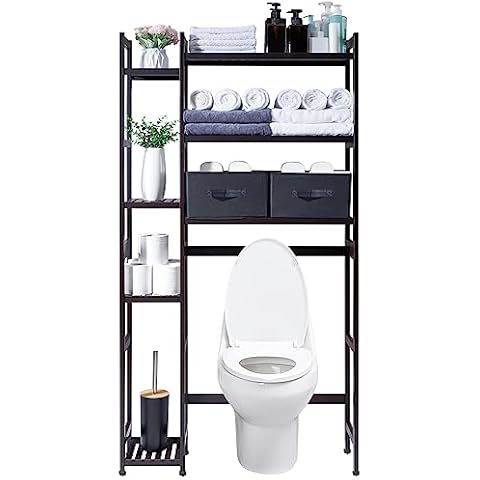 Homde Over The Toilet Storage with Basket and Drawer, Bamboo Bathroom Organizer with Adjustable Shelf & Waterproof Feet Pad, Space Saver Storage Rack for Bathroom, Restroom, Laundry, Brown Cover