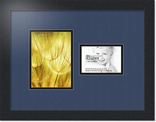 ArtToFrames Collage Photo Frame Double Mat with 1-3.5x5, 5x7 Openings with Satin Black Frame and Midnight Blue mat.